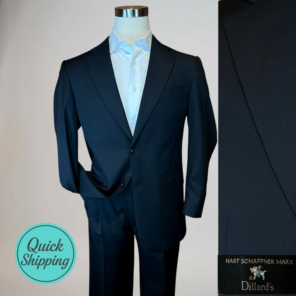 Vintage Hart Schaffner Marx 42R 34x27.5 Classic Solid Black Quality Suit